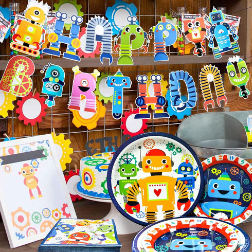 Pack 34 Set LaVenty Robot Birthday Party - Piece Including Banner, Plates, Napkins & Decorations