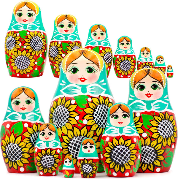 AEVVV Russian Nesting Dolls Set of 7 pcs - Matryoshka Dolls in Sunflower Sundress for Women