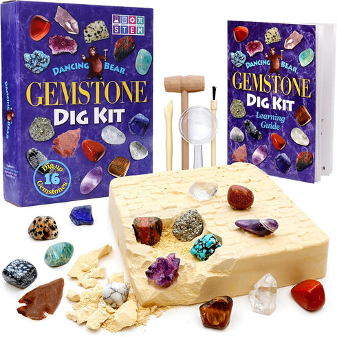 DANCING BEAR Gem Dig Kit - Excavate 16 Gems & Crystals, STEM Education Gift Set for Kids