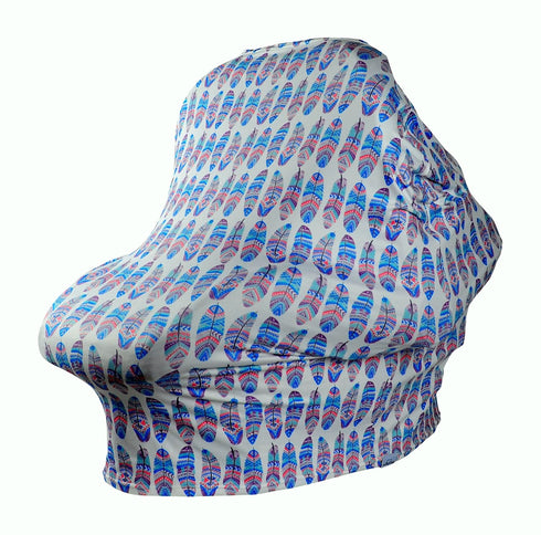 Baby Car Seat & Nursing Cover with Drawstring Carry Bag in Cute Feather Design, 4 in 1 Multi-Use Canopy