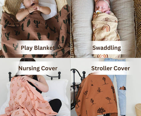 Leyl&Ari Muslin Swaddle Blanket - 100% Organic Cotton Lightweight Receiving Wrap for Infant & Newborn (Cactus, 47X47)