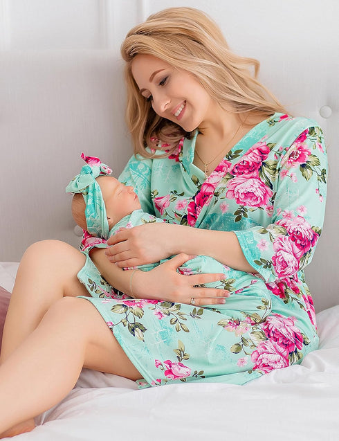 Mommy Set Set ECO BABY and Me Robe and Swaddle | Maternity Robe and Matching Baby for Girl, Boy | Hospital Labor
