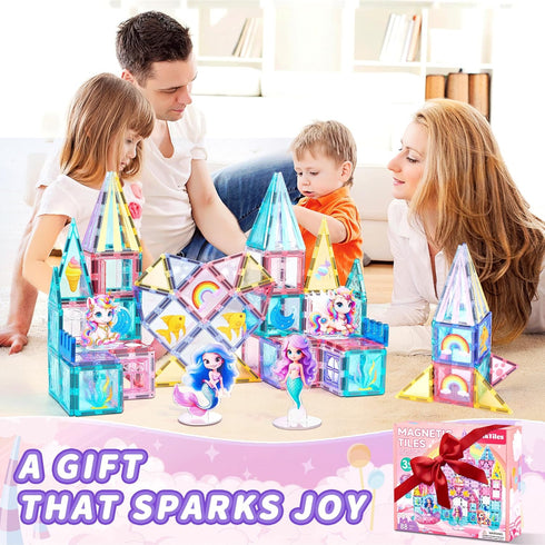 Set 4 3-5 4-8, Magnetic Tiles Unicorn Building Toys with Dolls, Princess Magnetic Blocks for Kids Ages STEM Educational