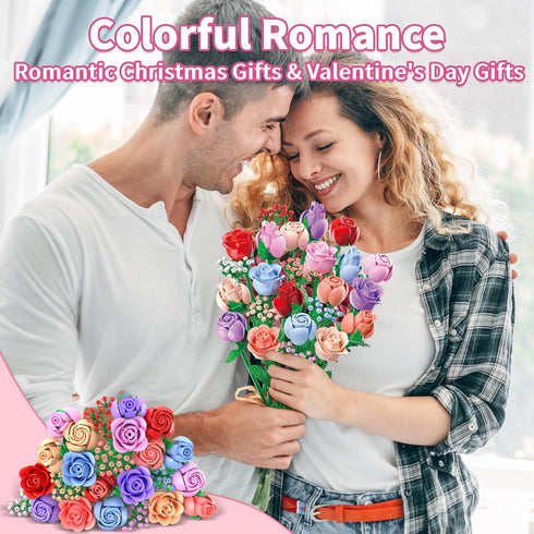 Set, 24 1380Pcs Sopu Colorful Rose Bouquet Flowers Building Boxes Artificial Flowers Botanical Collection Flowers