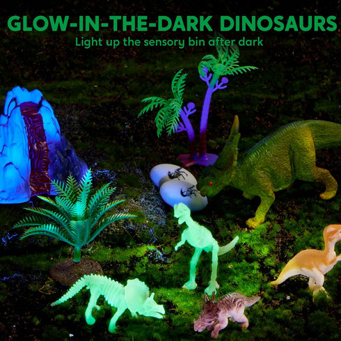 3+ JOVA Klever Kits Dinosaurs Sensory Bin Toys for Toddlers with Glow in The Dark Dinosaurs, Sandbox with Lid Sand