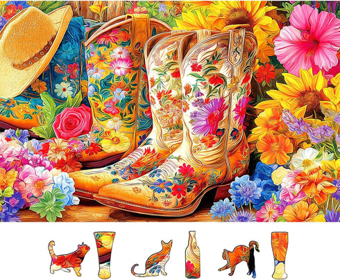 Floral Cowboy Boots 500 Piece Puzzle for Adults, Fun Puzzles for Adults