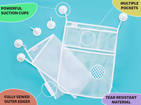 2 x Mesh Bath Toy Organizer + 8 Ultra Strong Hooks - Perfect Bathtub Toy Holder for Kids & Toddlers