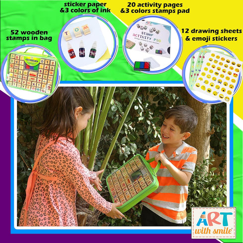 Set 72 3-Color 3 Wooden Large Stamp Premium for Kids. Pcs Alphabet Stamps. Letters, Numbers, Washable Ink Pad, Refill