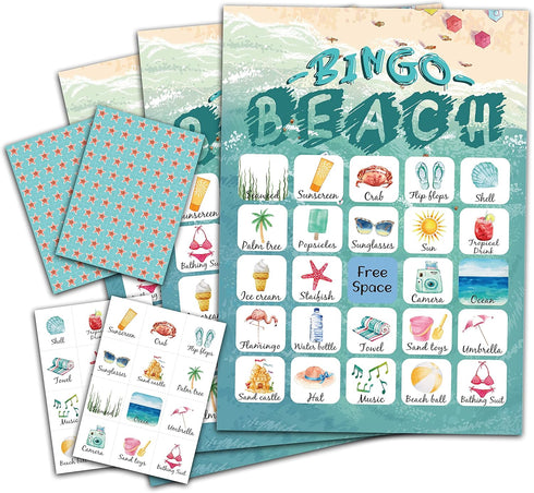 Beach Bingo Game for 24 Players, Family Activities, Bingo Cards for Party Supplies, Young Adults Gifts