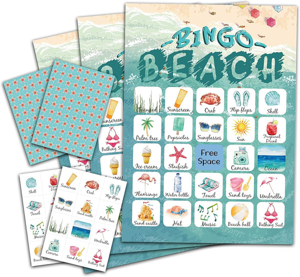 Beach Bingo Game for 24 Players, Family Activities, Bingo Cards for Party Supplies, Young Adults Gifts