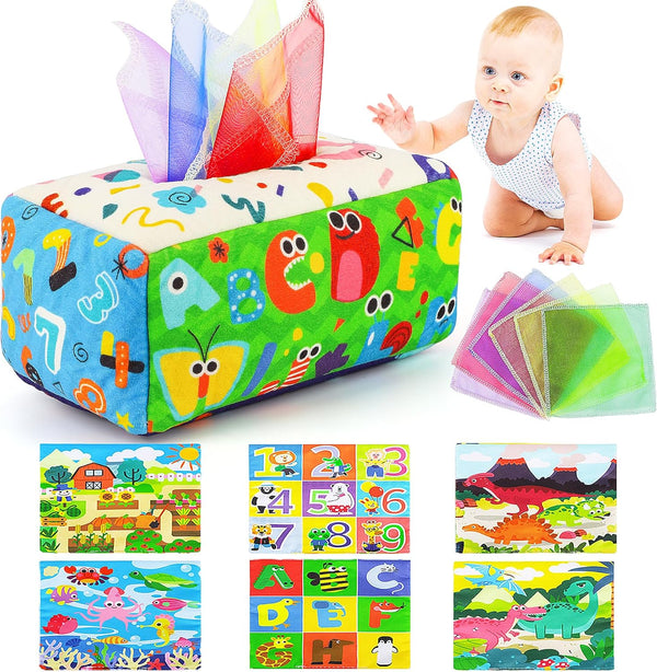 Baby Tissue Box Toy, Soft Crinkle Sensory Toys for Infant Toddlers, Montessori Toys for Babies, Gifts for 1 Year Old
