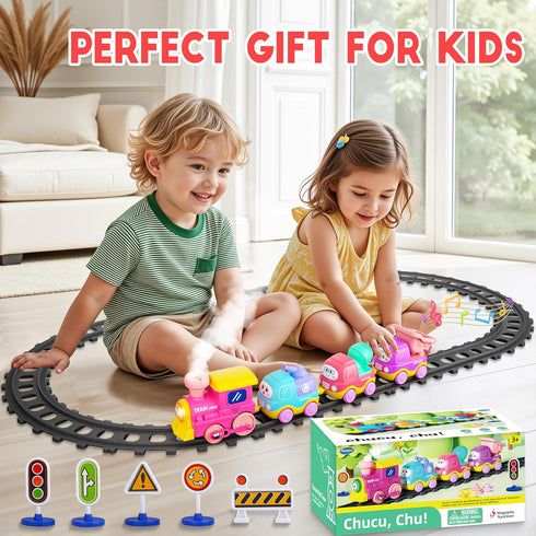 Set 2 3 4 5+ Funwee Steam Track Train for Toddlers, Magnetic Connection Train Toys w/Lights & Sounds, Electric Cartoon