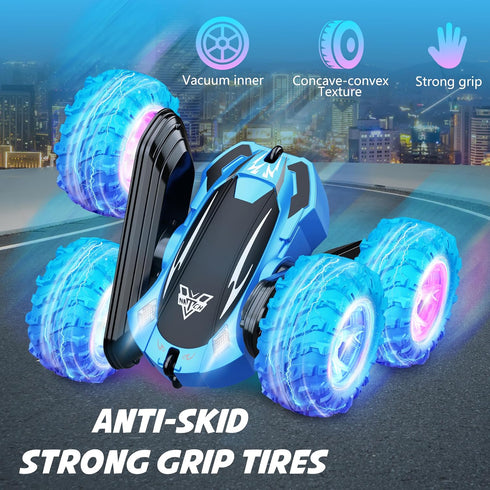 KKONES Remote Control Car, 2.4GHz Electric Race Stunt Car, Double Sided 360° Rolling Rotation, LED Headlights