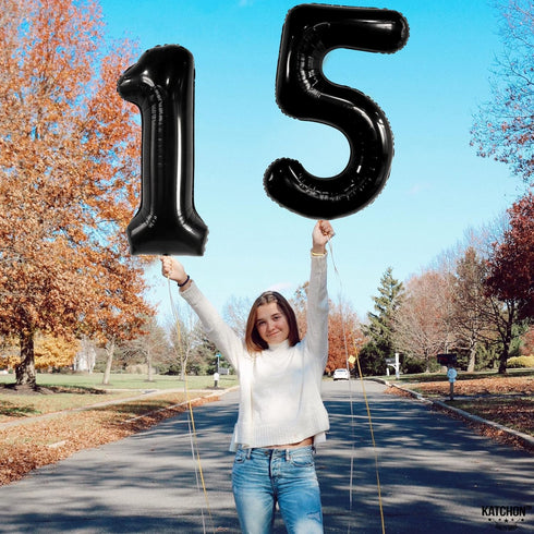 KatchOn Giant Black 15 Balloons Number - 40 Inch Happy 15th Birthday Decorations for Boys, 15 Birthday Balloons