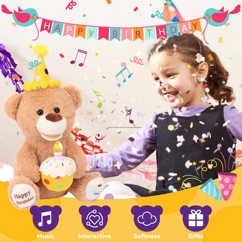 Hopearl Happy Birthday Teddy Bear with Glowing Cupcake - Musical Stuffed Animal Bear, Interactive Kids Gift, Brown