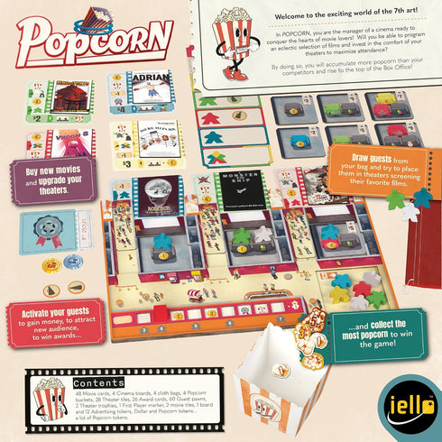 60 2 4 10+ IELLO: Popcorn, Strategy Board Game, Manage a Movie Theater, Attract Cinema Guests, Competitive, Minute Play