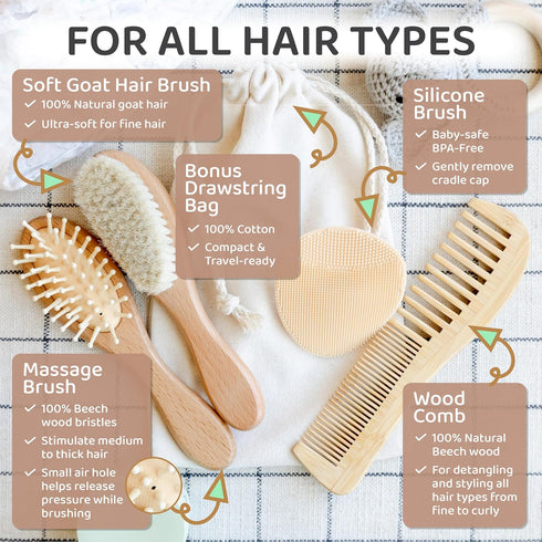 NEFERTOT Set Wooden Baby Hair Brush Grooming Kit with Beech Wood Goat Hair Brush, Cradle Cap Brush, Silicone Scalp