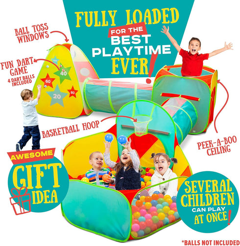 Kiddzery 5pc Playset Kids Play Tent for Toddlers, Toddler Jungle Gym with Ball Pit, Crawl Tunnel and Obstacle Course