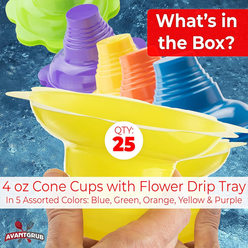Leak Proof & Drip Catching, Reusable 4oz Flower Snow Cone Cups, 25 Pk, Colorful Easy Grip Bowls