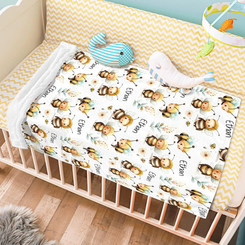 Novusopt Custom Blanket with Name,Personalized Bee Swaddle Blanket Baby Boy Girl Receiving Blankets Neutral Gift