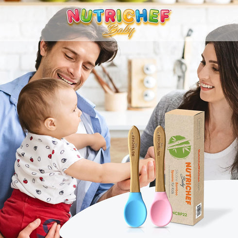 Nutrichef 2 Piece Baby & Toddler Spoon Set, All Natural Wooden Spoon Set with Soft Curved Food Grade Silicone Head,