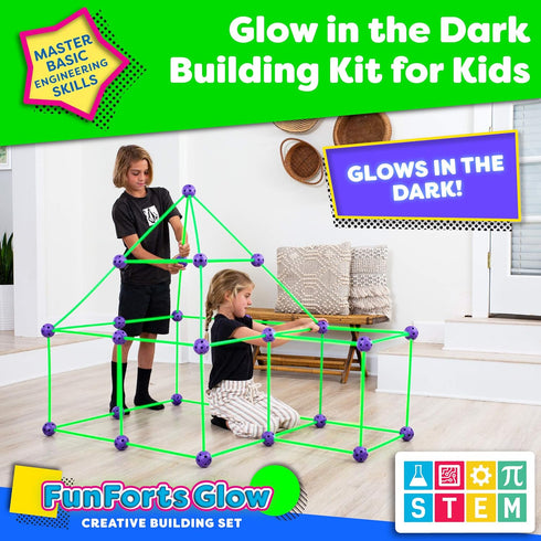 Fun Forts Glow Fort Building Kit for Kids - 81 Pack Glow in The Dark STEM Building Toys for Indoor Outdoor Play