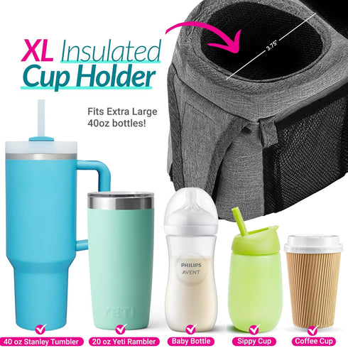 v2 Swanoo Stroller Caddy Stroller Organizer With Cup Holder, Non Slip Straps Stroller Bag for Phone, Pet Stroller