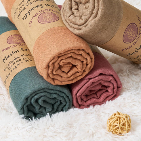 4 Pack 47 47 inches Meracorallo Muslin Swaddle Blanket, Neutral Swaddle Blankets, Silky Soft Receiving Blanket, Soild