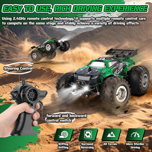 8-12, 1:20, 10KM/H, 2.4GHZ, 6+(Green) Remote Control Car, All-Terrain Remote Control Truck for Boys Headlight, Dual