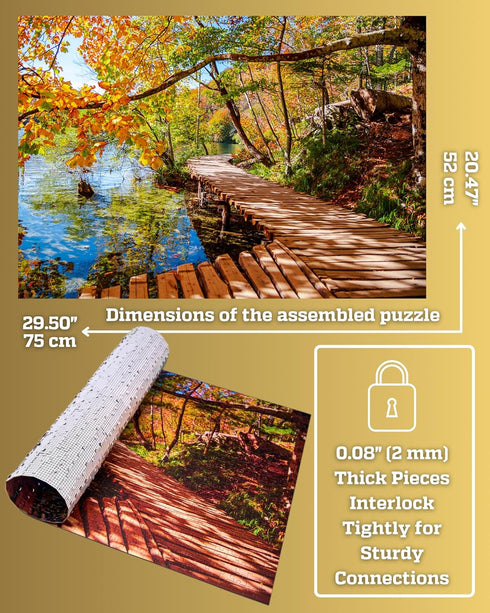 1000 8 Piece Puzzle for Adults - Golden Forest Trail Beside Quiet Lake in Autumn, Gift-Ready Box, Letters on Back