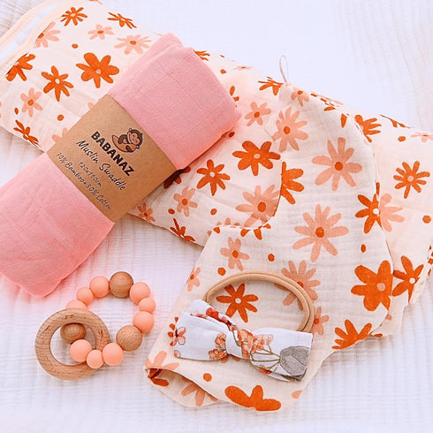Set Baby Gift Girl - Unique Baby Shower Gifts & Newborn Essentials: Teether Toy, Blanket, Muslin Swaddle, Birth Record