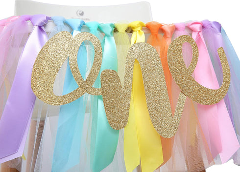1st Pastel Rainbow High Chair Banner for Birthday - Party Supplies with Tutu Skirt and Pennant
