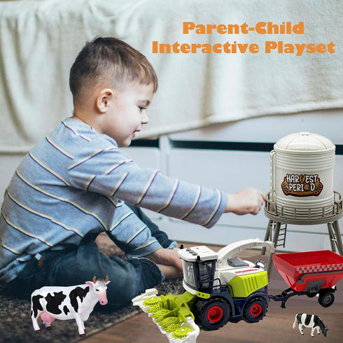 Farm Animals Toys Set - Barn Toy Combine Harvester Tractor with Trailer and Figures Playset for Kids 3-7 Years Old