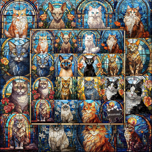 Stained Glass Cat Puzzle - 1000 Pieces, Colorful Kitty Collage, Challenging Jigsaw for Adults