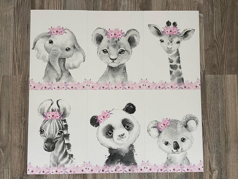 Set 6 (8x10) Safari Animals Baby Girls Nursery of Unframed Wall Art Prints, Gray Baby Animals with Pink Flowers, Child