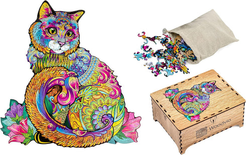 Wooden Jigsaw Puzzle - Cat Animal-Shaped Fantasy Puzzle, 208 Unique Pieces, Size King (17.7" x 16.9")