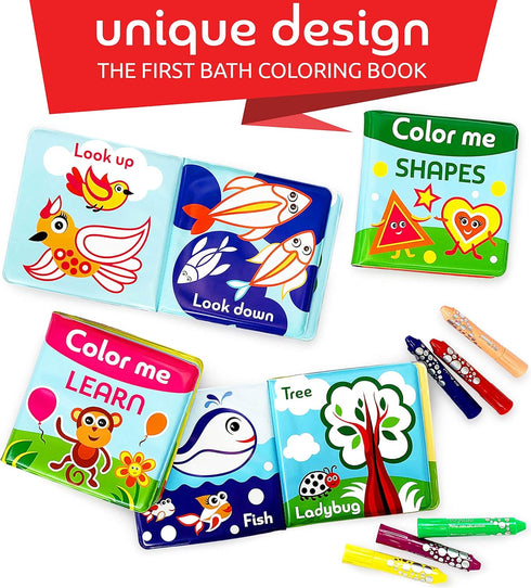 Set 4 6 2+ BabyBibi Color Me Bath Books Plus Crayons of Different Books Includes Washable Bath Crayons Learn and Play