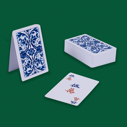 drizzle Poker Mahjong Playing Cards Table Game, Chinese Blue and White Porcelain Design, 144 Card Chips Set