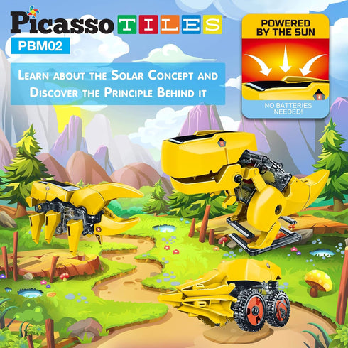 PicassoTiles STEM Kids Solar Powered Dinosaur Robot Educational Learning Building Toy - 3-in-1 Creative Unique