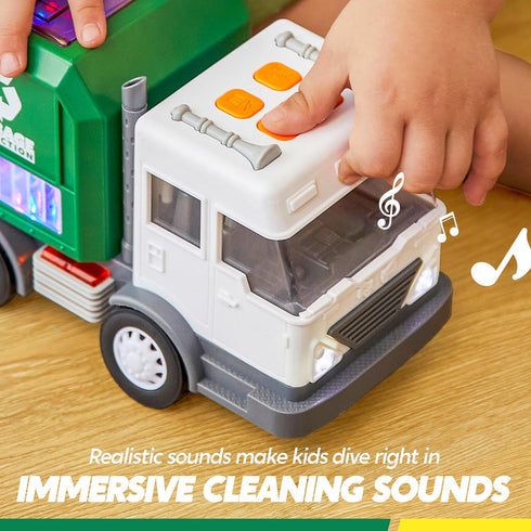 Set Vroomix LED Garbage Truck Toy Includes Dumpster, Toy Truck with Mode Switch & Volume Control, Trash Vehicle
