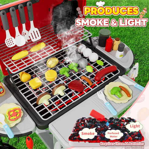 Toy BBQ Grill Set for Kids, Kitchen Toy Set with Smoke, Sound & Light for Outdoor Cooking Play