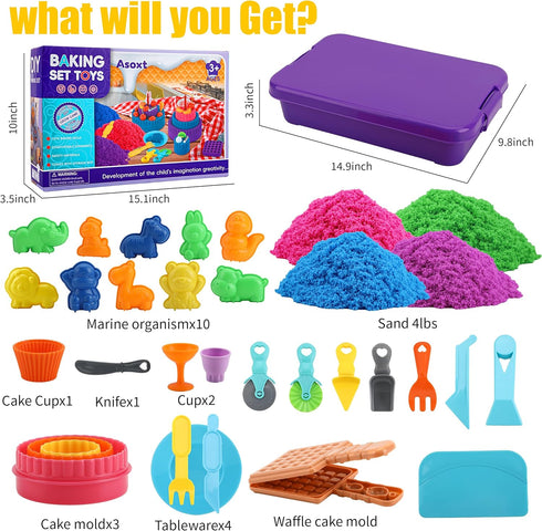 Asoxt 43pcs 4lb 17 3-8 Sensory Bin for Boy Girl Kid Toy - Play Sand Art Kit with Sandbox, Color Sand, Molds, Sensory
