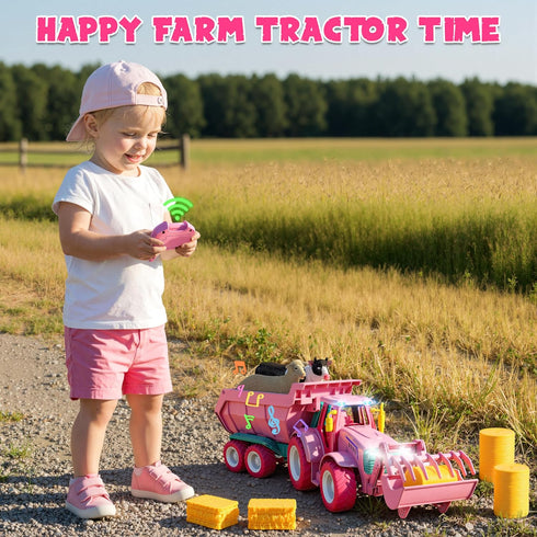 2.4GHz 3 4 5 6 7+ Funwee RC Farm Tractor Toy w/Light & Music, Kid Truck Toy w/Front Loader & Farm Animal, RC Tractor
