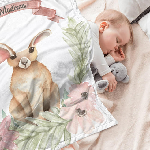 Novusopt Personalized Kangaroo Baby Blanket with Name, Floral Toddler Girl Soft Plush Receiving Blanket for Newborn