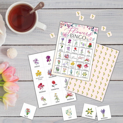 Flowers Bingo Game - Blush Pink Floral Bingo Card Set for 24 Players, Indoor Outdoor Activities