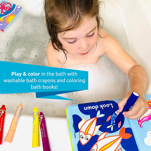 Set 4 6 2+ BabyBibi Color Me Bath Books Plus Crayons of Different Books Includes Washable Bath Crayons Learn and Play