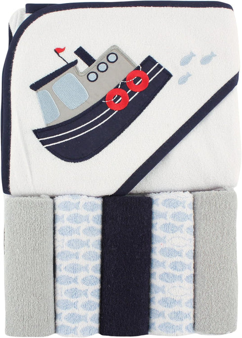 Luvable Friends Unisex Baby Hooded Towel, One Size with Five Washcloths, Tugboat