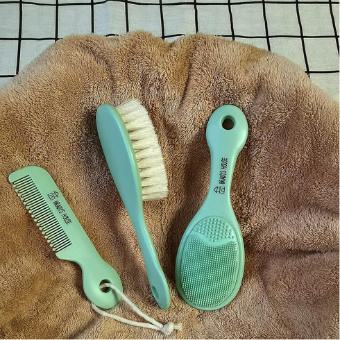 3 Piece Baby Hair Brush & Comb Set for Newborns - Soft Goat Bristle Brush, Silicone Bath Brush & Plastic Comb