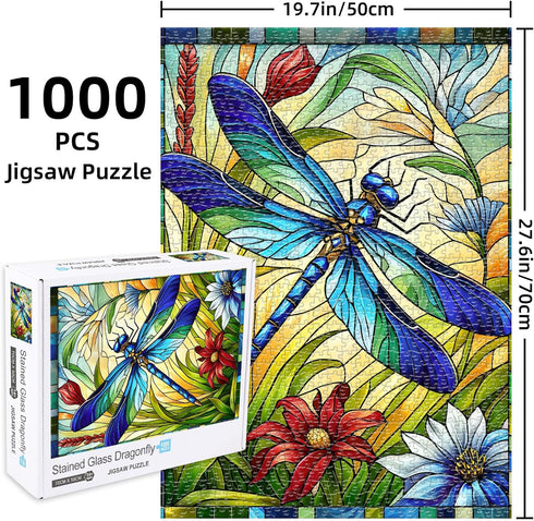 1000 1000 27.5x19.7 Sutinban Stained Glass Dragonfly Piece Puzzles, Jigsaw Puzzle Pieces for Adults, Coolest Adult
