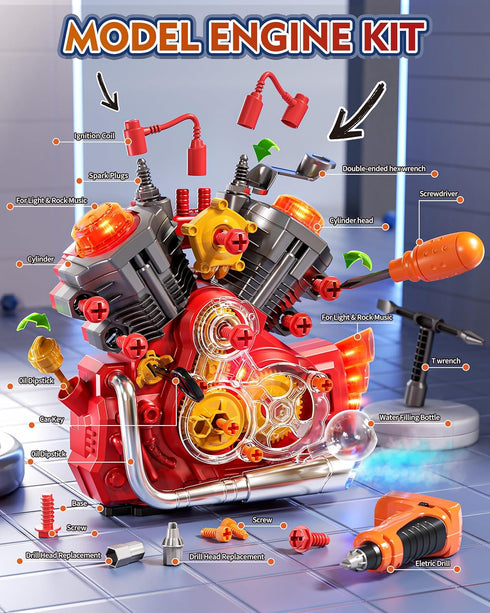 3+Year Jovow Engine Building Kit, Kids Mechanic Toys for Motorcycle Engine Toy, STEM Engine Model Kit Toy with Cool